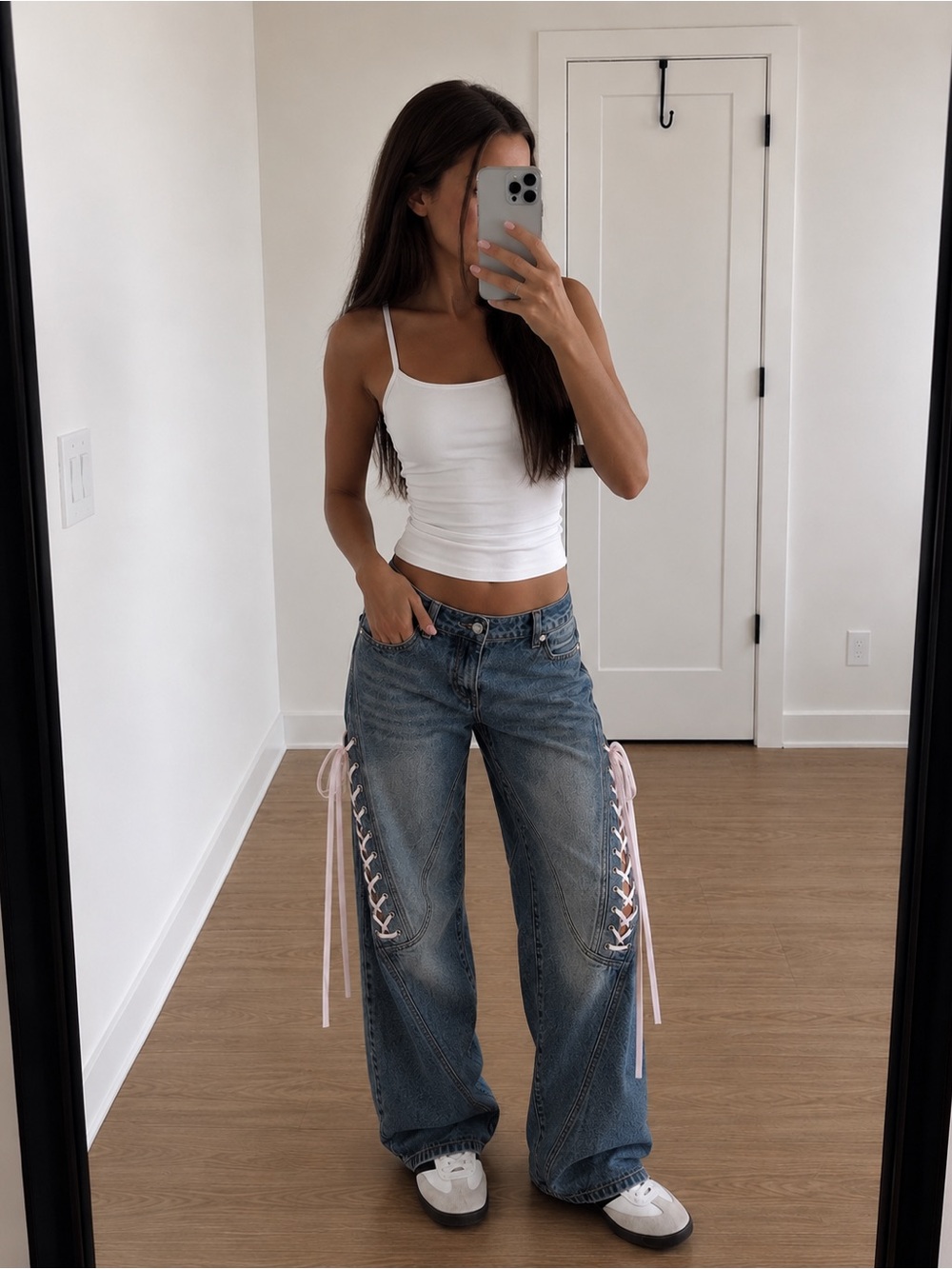 Edikted Ribbon Lace Up Low Rise Baggy Jeans